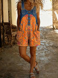 Women's Floral Art Print Denim Patchwork Jumpsuit