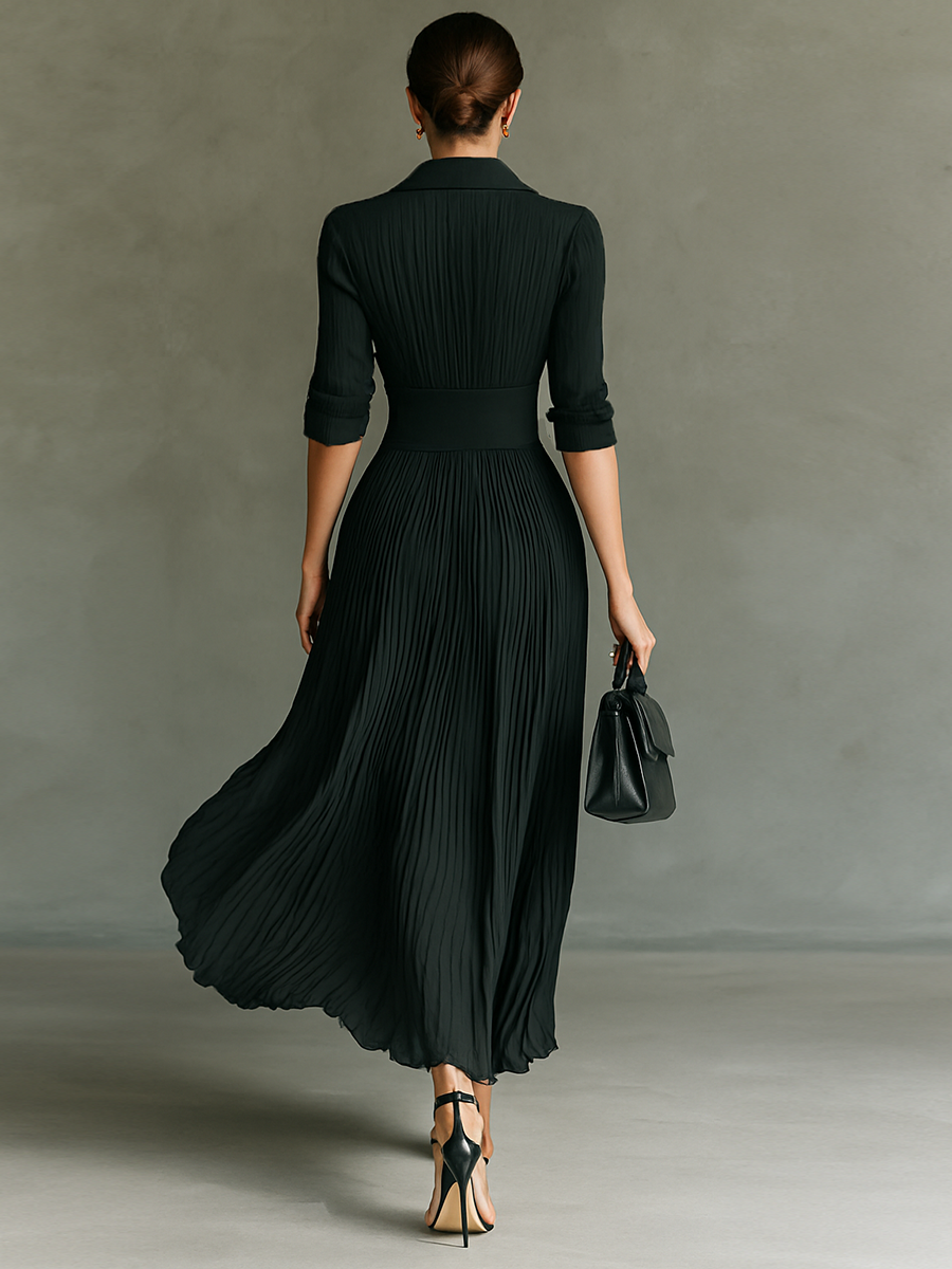 Solid Color Pleated Lapel Waist Long Sleeve Maxi Dress