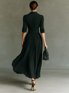 Solid Color Pleated Lapel Waist Long Sleeve Maxi Dress