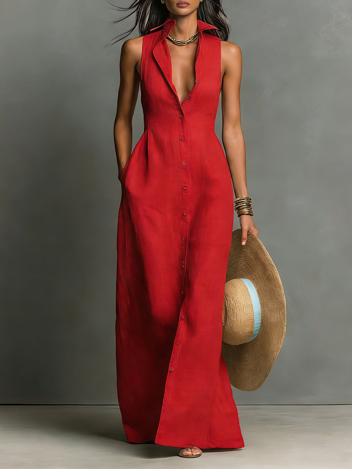 Linen Button-Front Shirt Dress