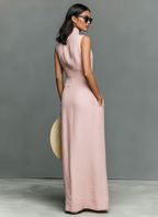 Stand-Collar Linen Maxi Dress