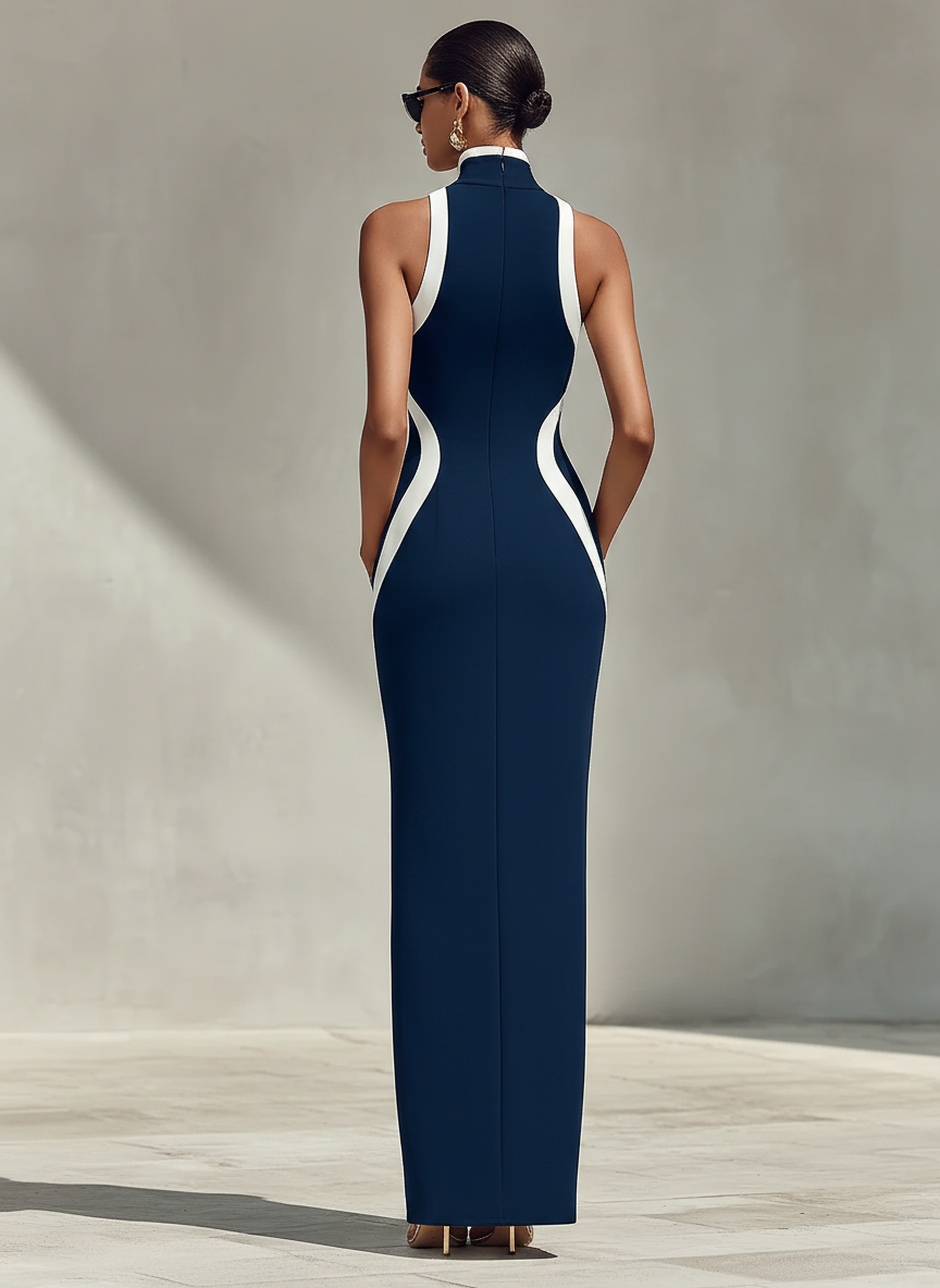 Navy Contrast Zipper Maxi Dress