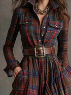 Retro lapel reddish brown plaid maxi dress
