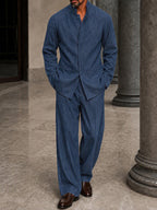 Stylish Faux Denim Hidden Placket Jacket Set