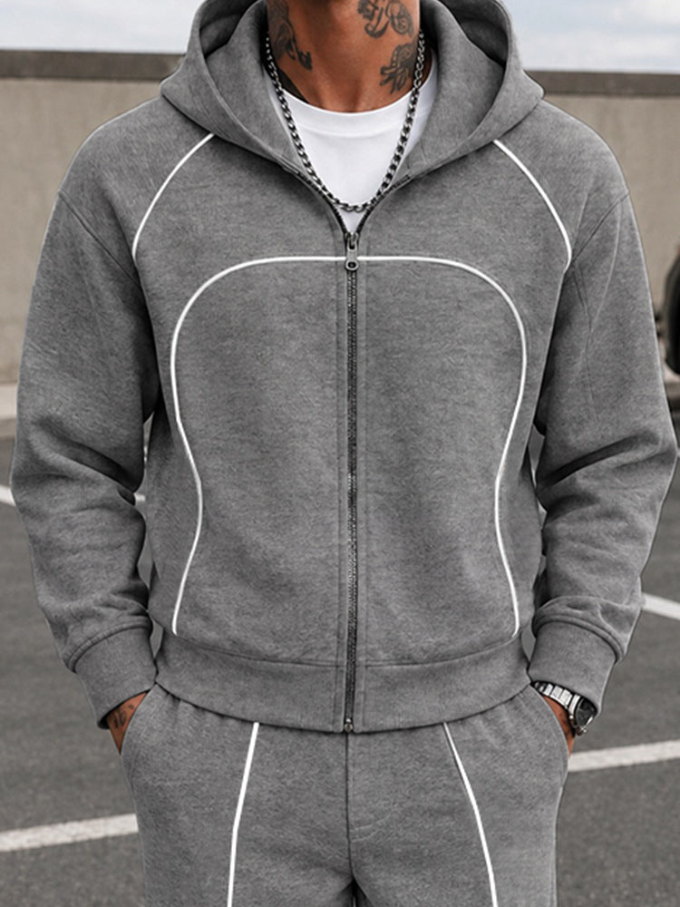 Casual Contrast Piped Zip-Up Hoodie Set