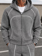 Casual Contrast Piped Zip-Up Hoodie Set