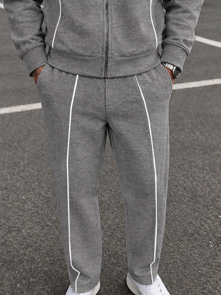 Casual Contrast Piped Zip-Up Hoodie Set
