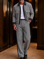 Modern Faux Suede Trim Houndstooth Co-Ord Set
