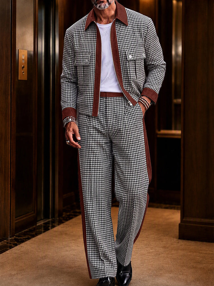 Modern Faux Suede Trim Houndstooth Co-Ord Set
