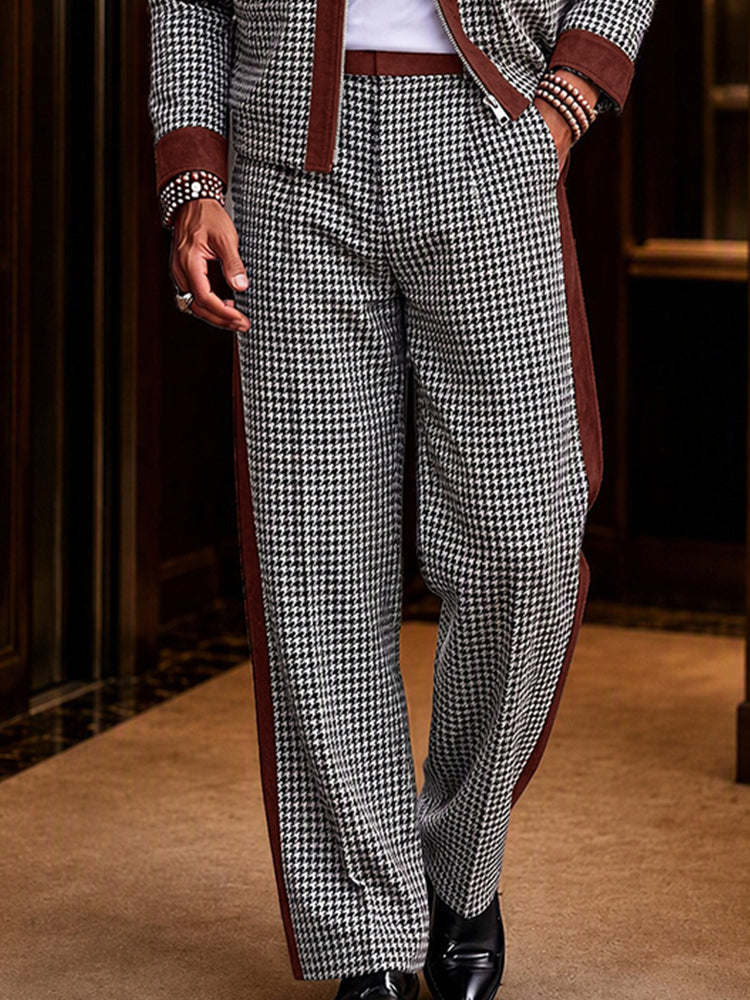 Modern Faux Suede Trim Houndstooth Co-Ord Set