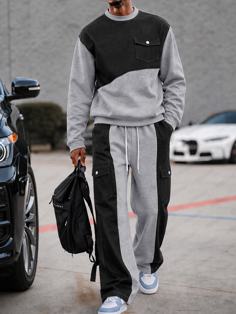 Streetwear Faux Denim Patchwork Sweatshirt Set
