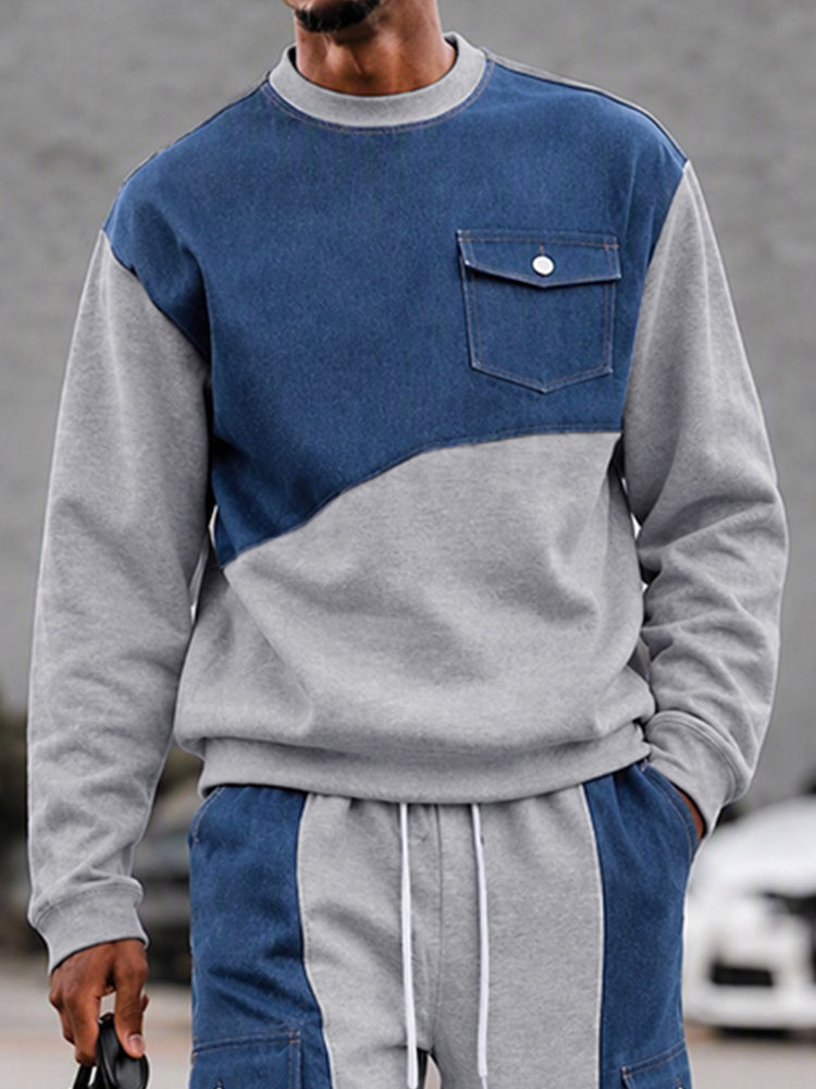 Streetwear Faux Denim Patchwork Sweatshirt Set