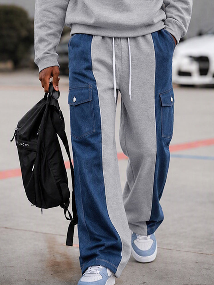 Streetwear Faux Denim Patchwork Sweatshirt Set