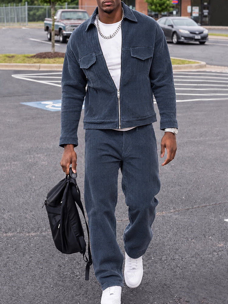 Urban Casual Corduroy Jacket Pants Set