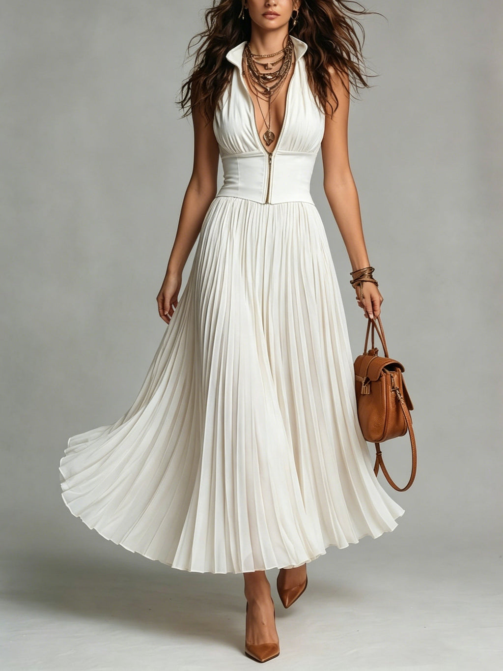 White Zip-up Stand-collar Pleated Chiffon Maxi Dress