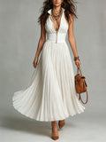White Zip-up Stand-collar Pleated Chiffon Maxi Dress