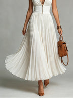 White Zip-up Stand-collar Pleated Chiffon Maxi Dress