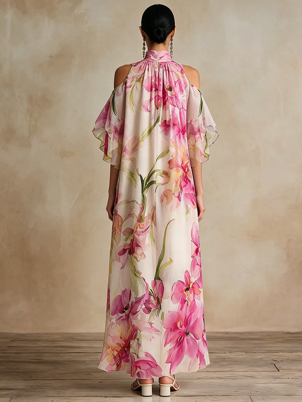 Floral Print Halter Neck Off-shoulder Flowing Maxi Dress