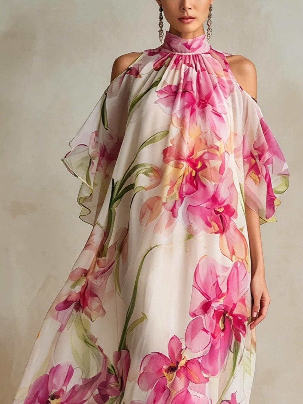 Floral Print Halter Neck Off-shoulder Flowing Maxi Dress