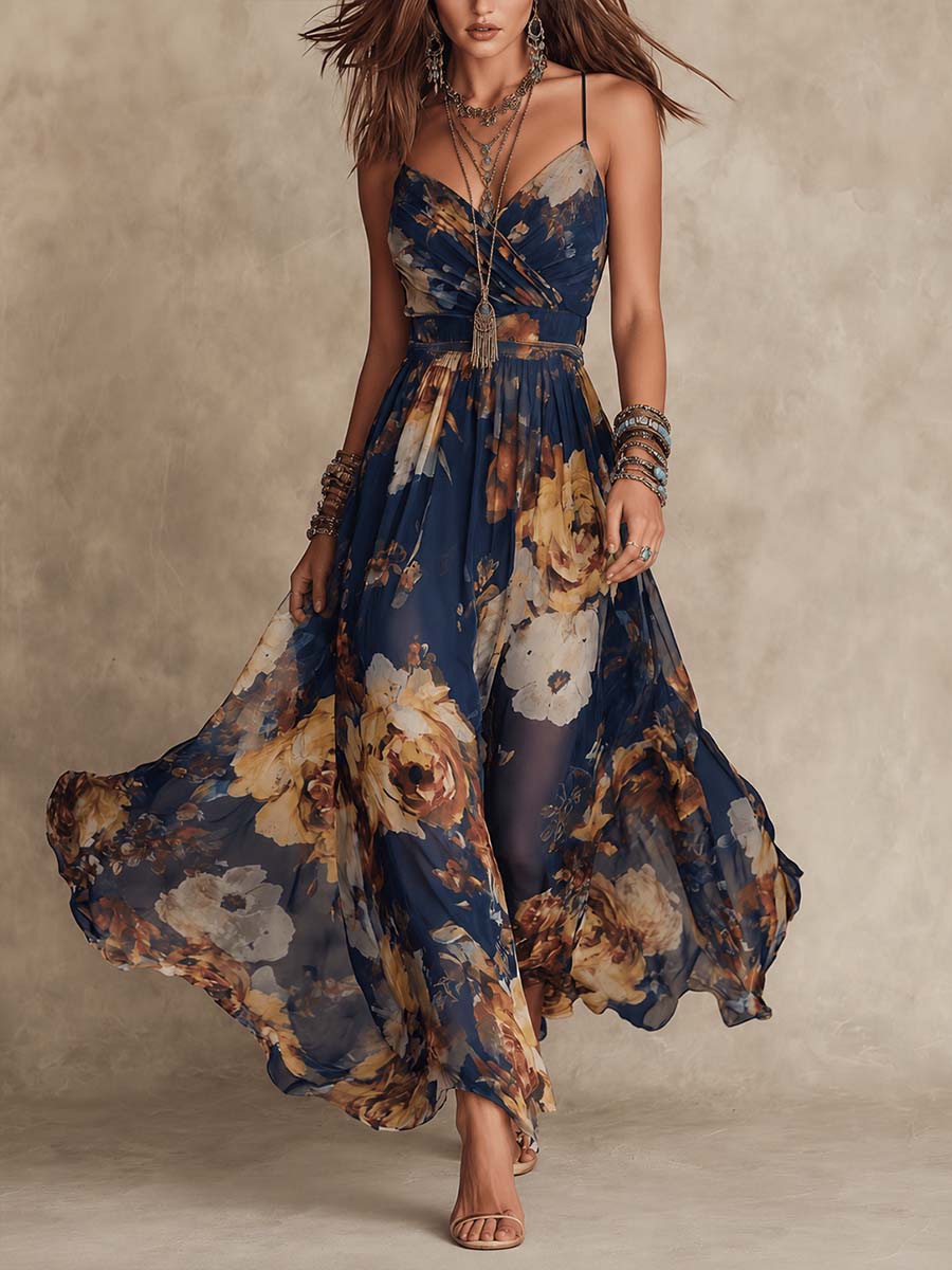 Navy Floral Chiffon Strap Dress