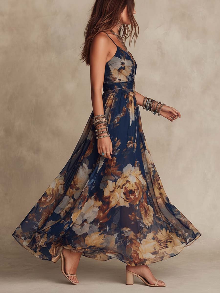 Navy Floral Chiffon Strap Dress