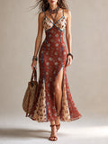 Rust Floral Chiffon Maxi Dress