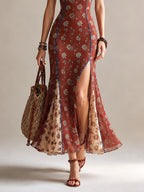 Rust Floral Chiffon Maxi Dress