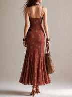 Rust Floral Chiffon Maxi Dress