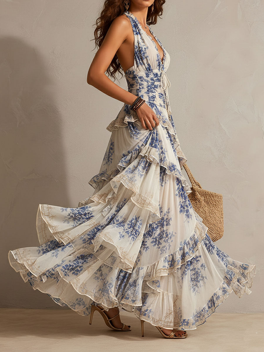 Blue Floral Halter Maxi Dress