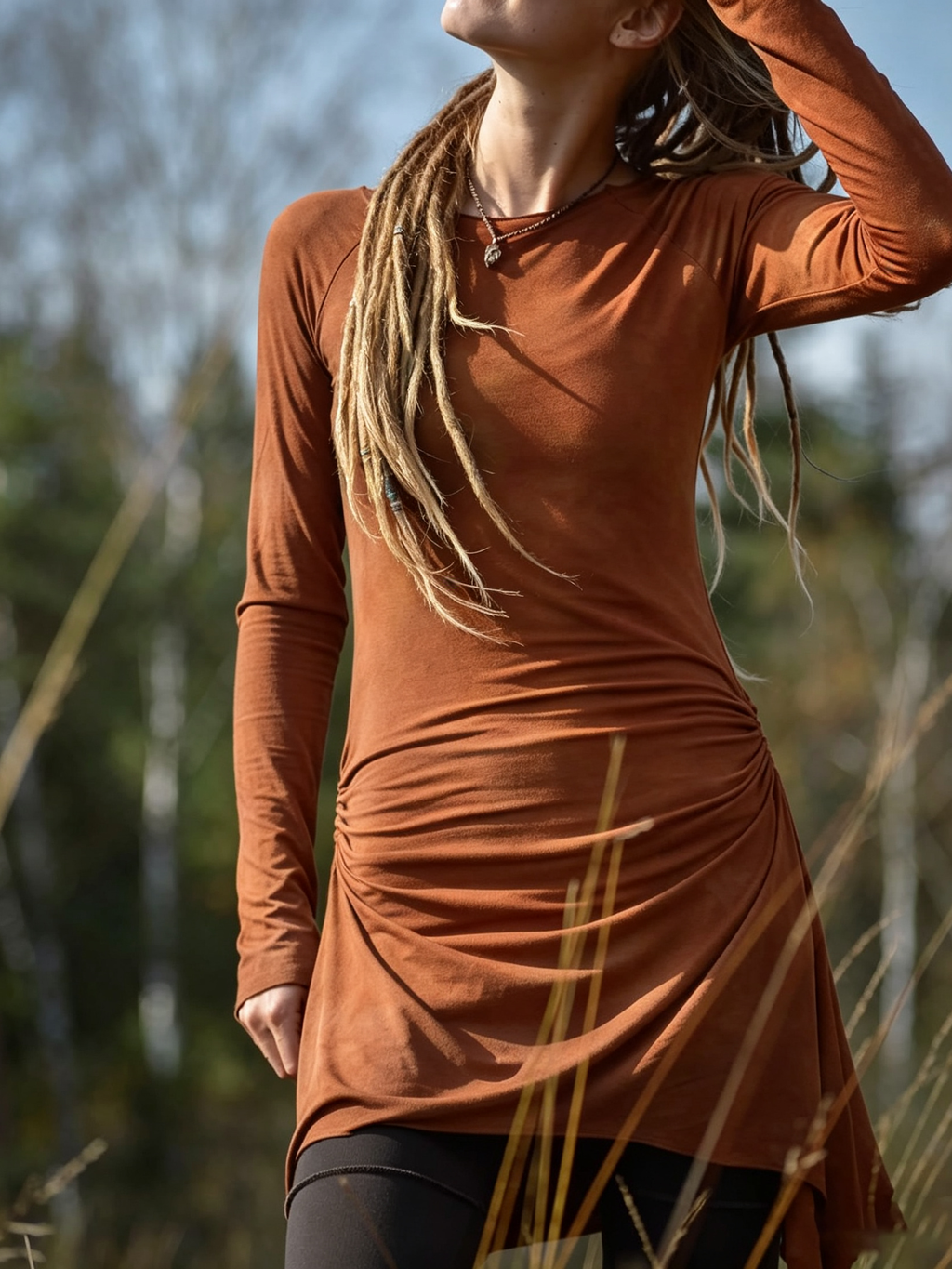 Asymmetric Long Sleeve Side Ruched Slit Waist-Cinching Longline Top