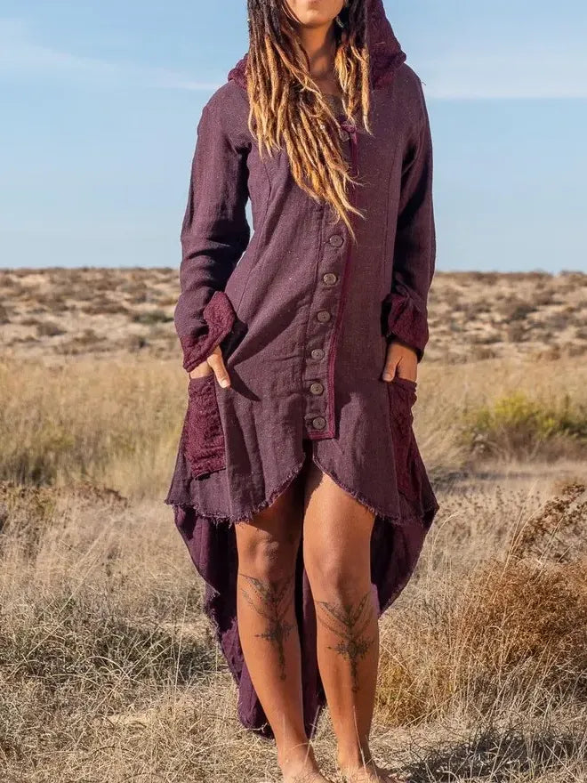 Elven Cotton Hood Jacket: Raw Spring Summer Jacket With Pockets
