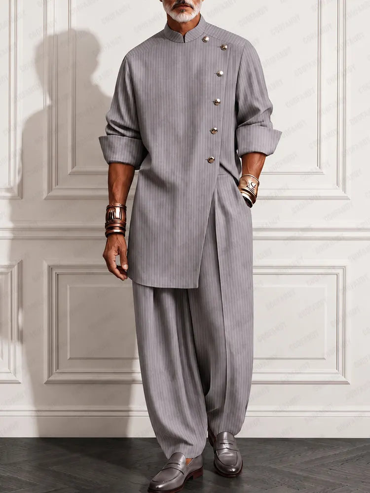 Refined Pinstripe Slit Longline Top Pants Set