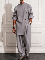 Refined Pinstripe Slit Longline Top Pants Set
