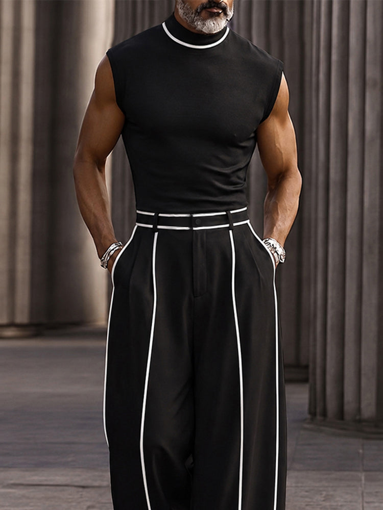 Fashion Contrast Stripe Mock Neck Matching Set