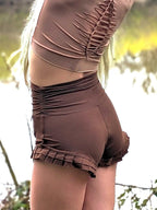 Plum Ruffle Yoga Shorts: High Waist or fold top stretchy cotton women's shorts