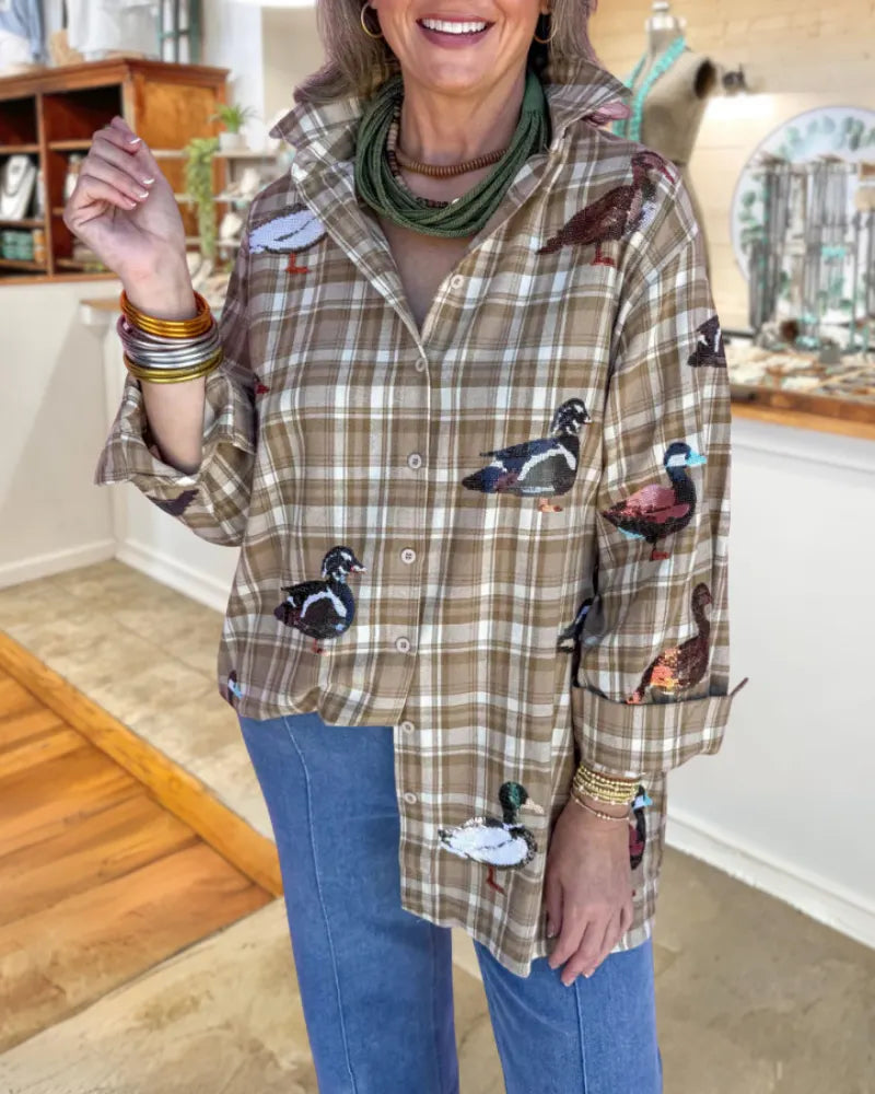 Casual Duck Sequined Plaid Shirt