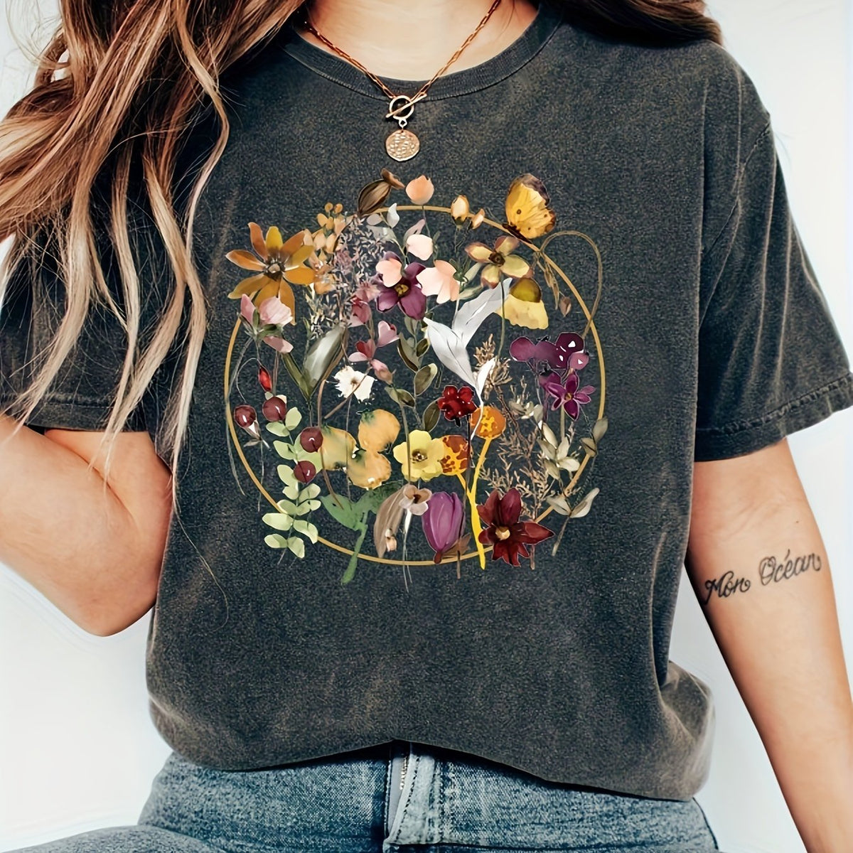 Floral Print Crew Neck T-shirt, Casual Short Sleeve Top, Women's Clothing