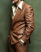 Retro  70s Retro Cognac Brown Double©\Breasted Leather Blazer