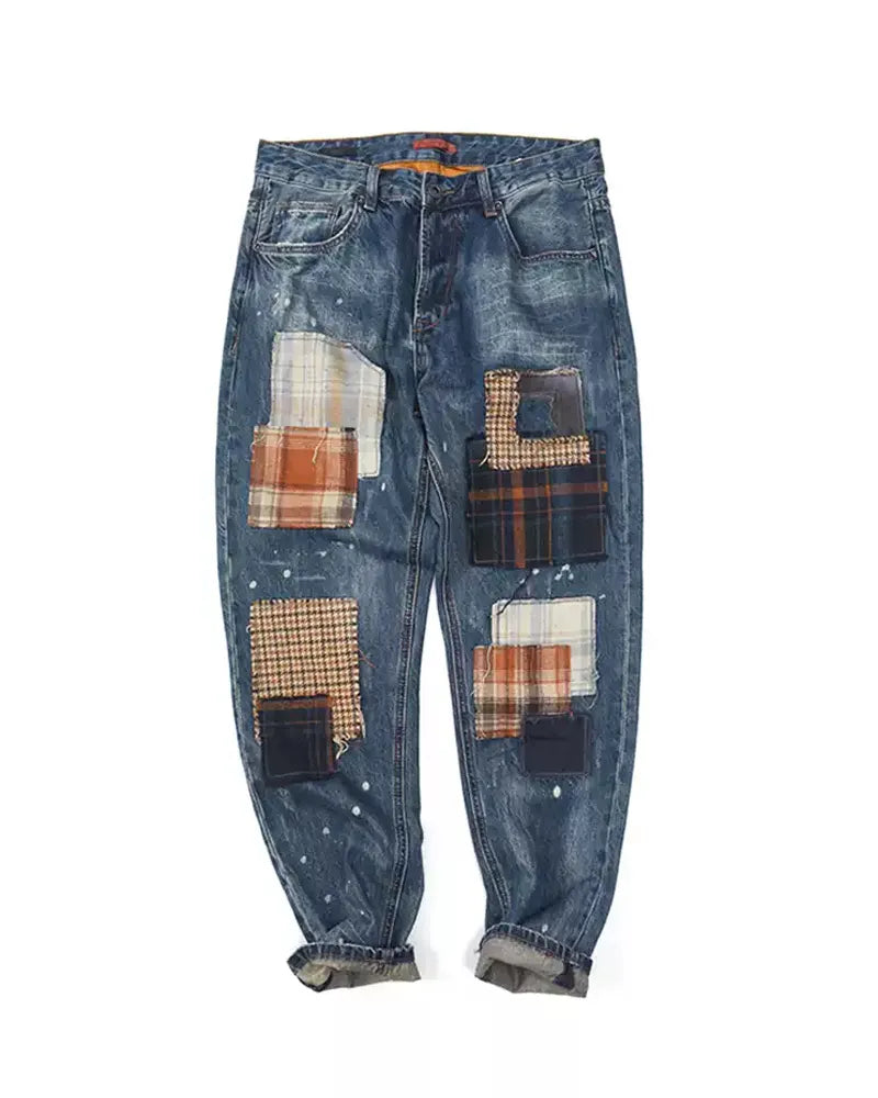 Vintage Denim Multi©\Plaid©\Patchwork Tapered Jeans