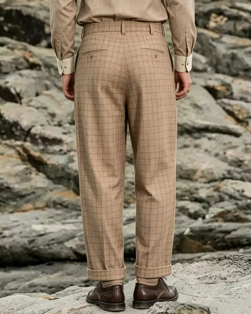Vintage Brown Plaid Wide-leg Casual Pants