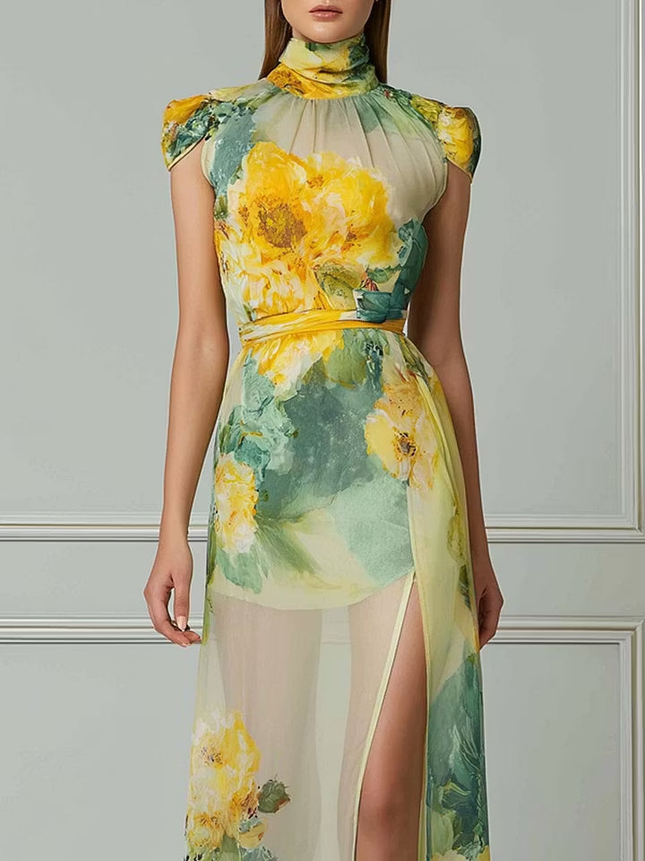 Elegant Yellow Floral Print Chiffon Maxi Dress