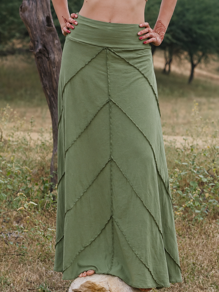Twill Patchwork High-Waist Flared Maxi Skirt