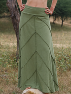 Twill Patchwork High-Waist Flared Maxi Skirt