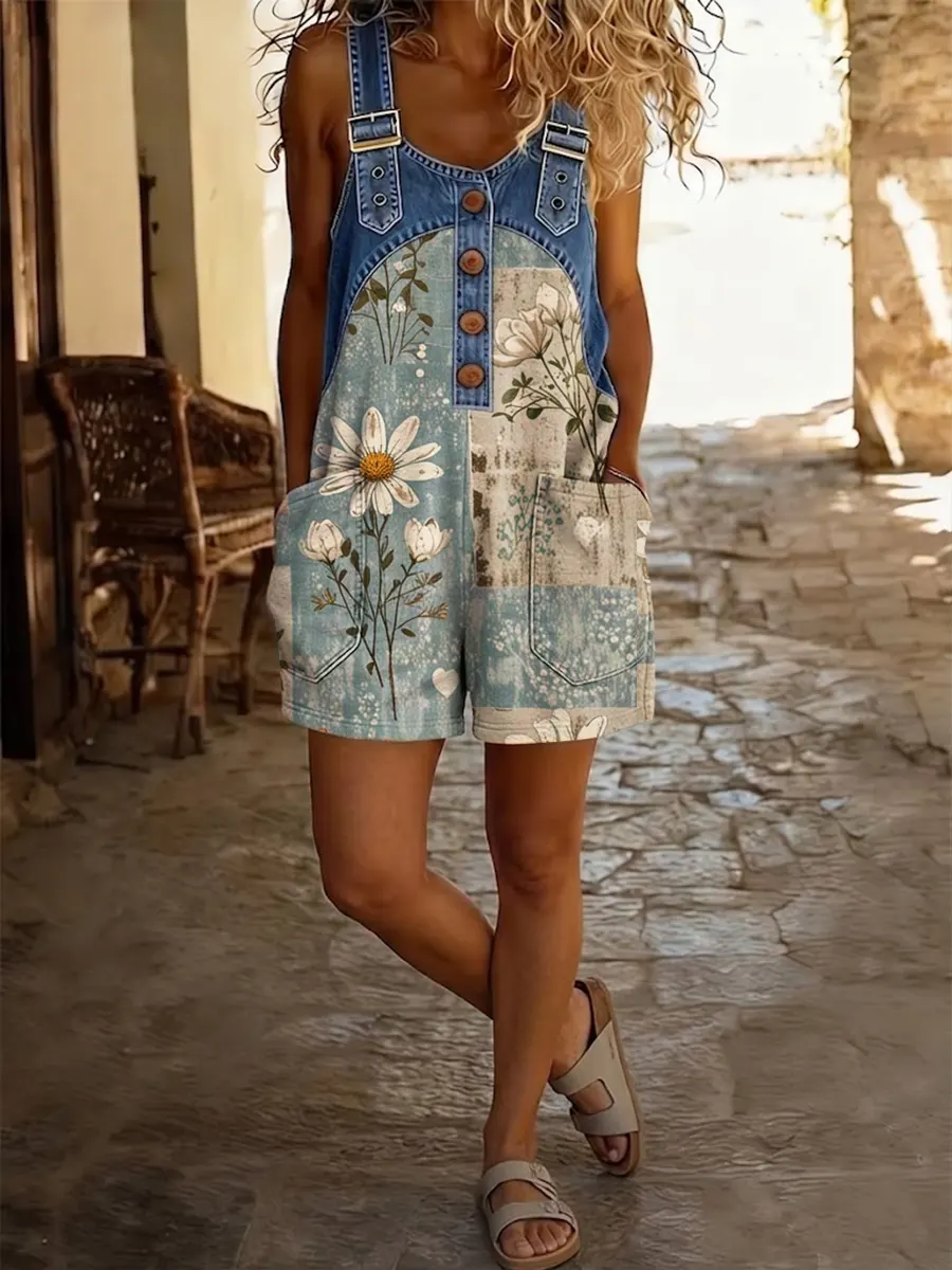 Women's Floral Art Print Denim Patchwork Jumpsuit