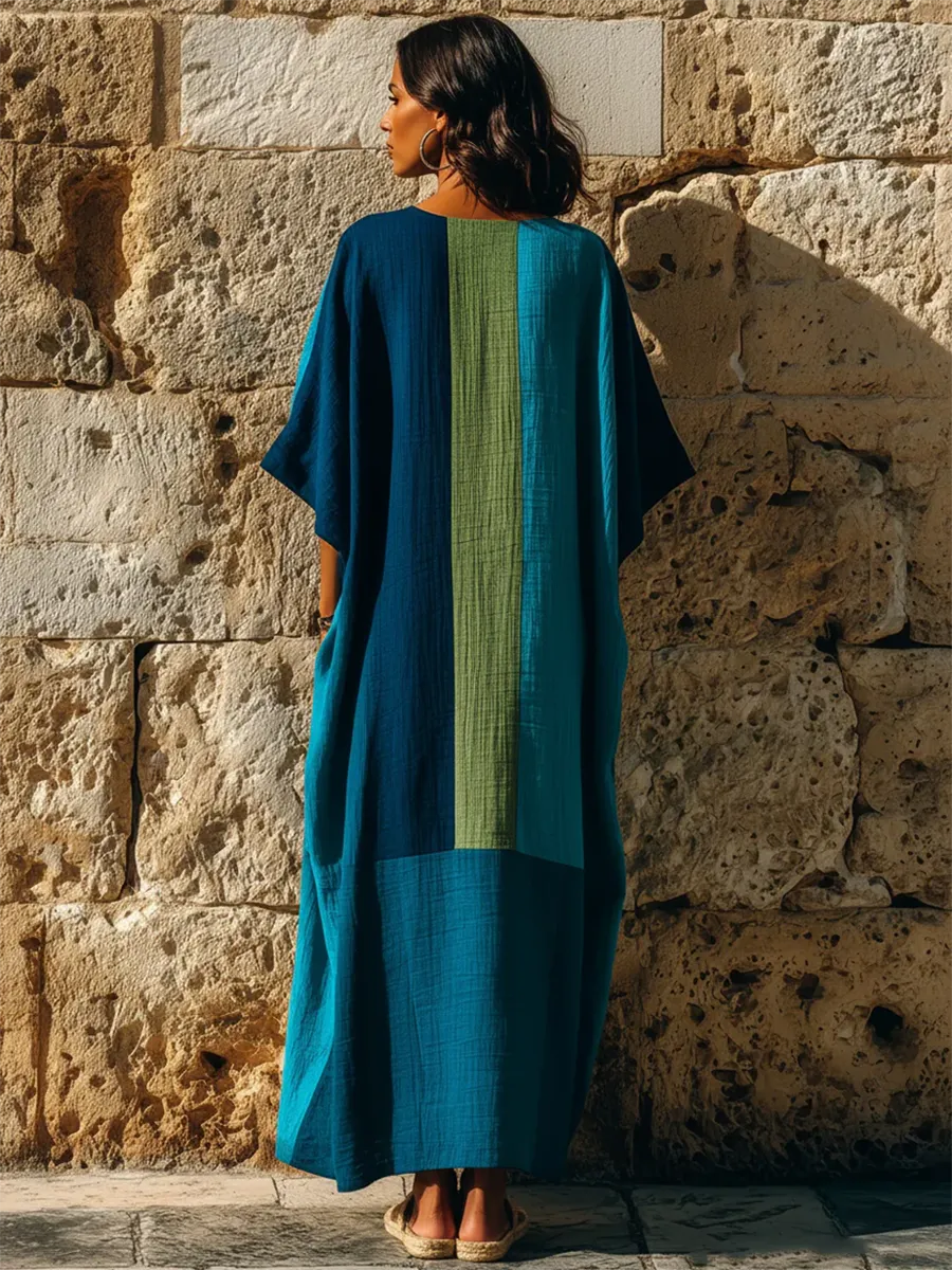 Artistic Color-block Geometric Cotton-linen Maxi Dress