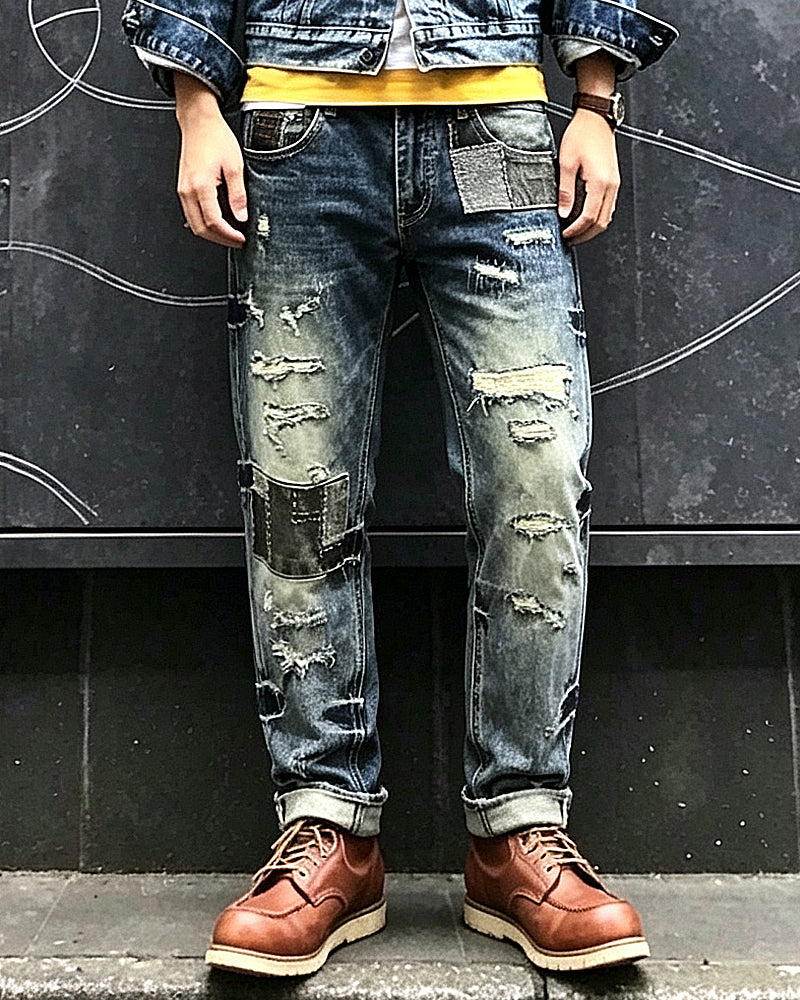 Vintage Patchwork Repair Distressed Straight©\Leg Denim Pants