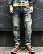 Vintage Patchwork Repair Distressed Straight©\Leg Denim Pants