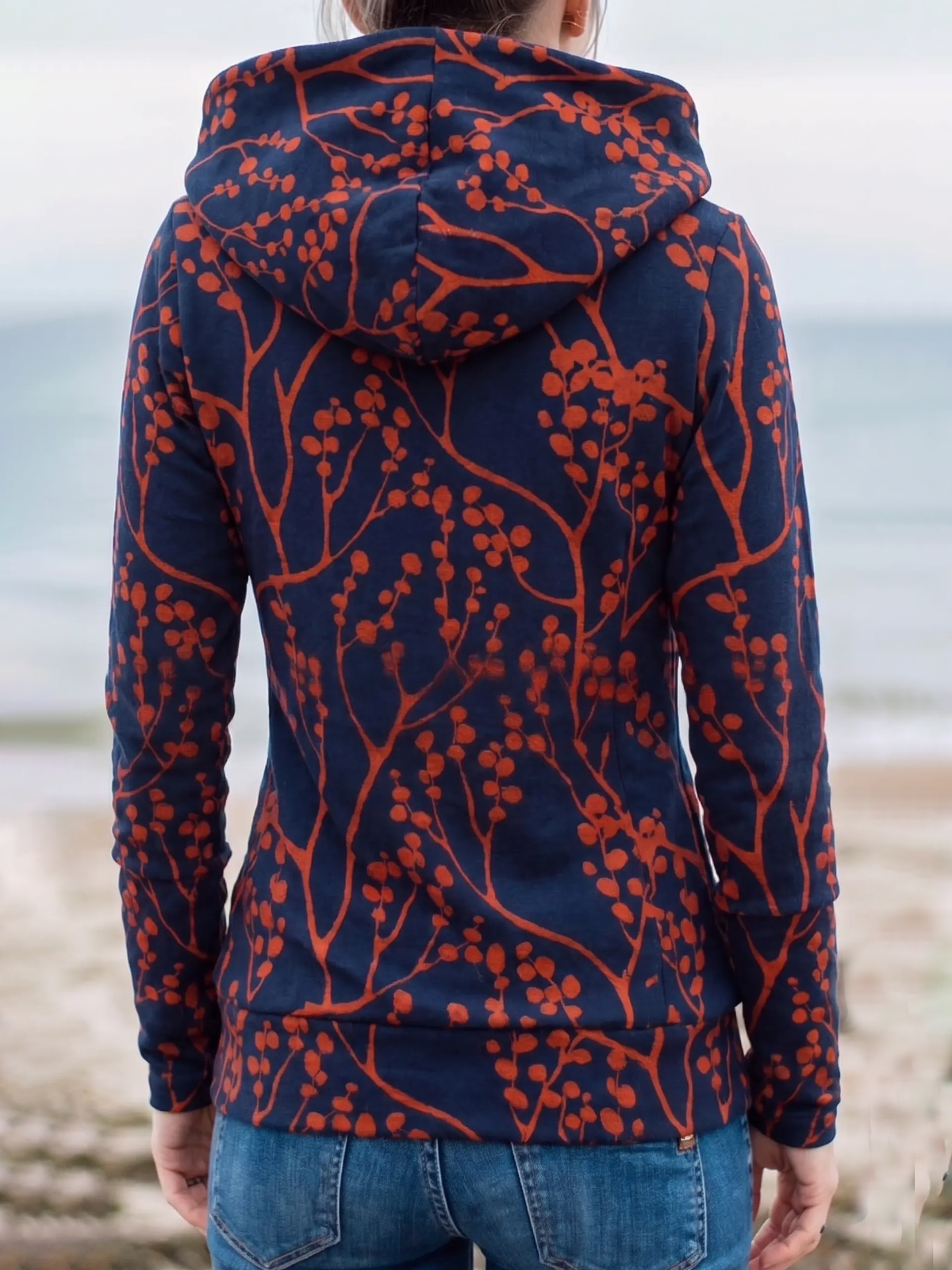 Branch Print Cowl Neck Hooded Top
