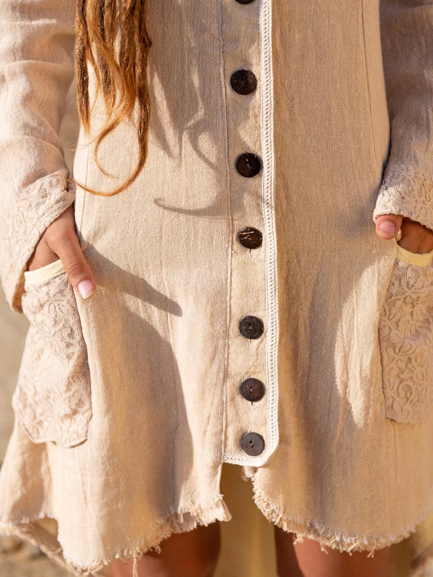 Elven Cotton Hood Jacket: Raw Spring Summer Jacket With Pockets