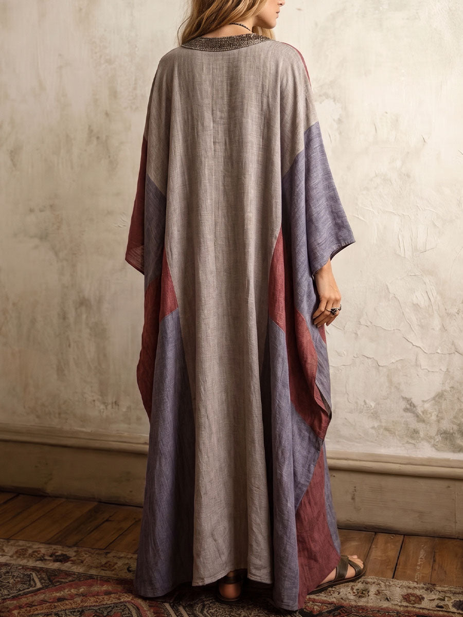 Women's Retro Geometric Print V-neck Long-sleeve Casual Loose Cotton-linen Dress